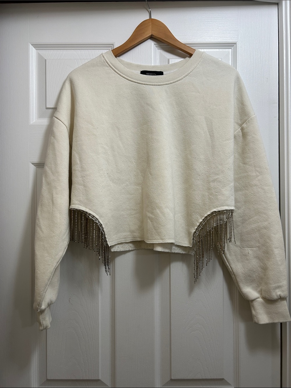 ✨Western Glam Style Cropped Cream Crewneck Sweatshirt with Rhinestone Fringe   ✨